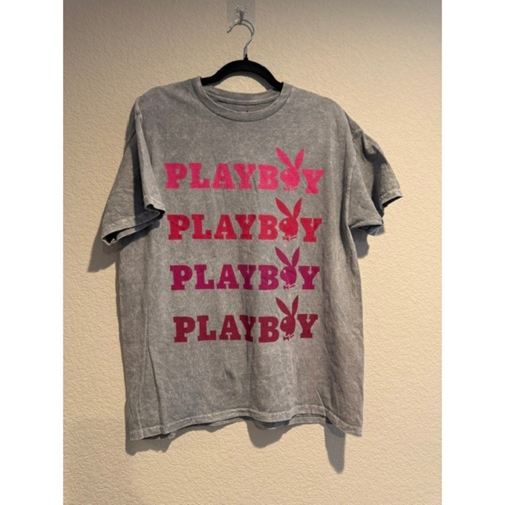 Playboy Mens Acid Wash Graphic T-Shirt Grey Pink Gradient Logo Size Large